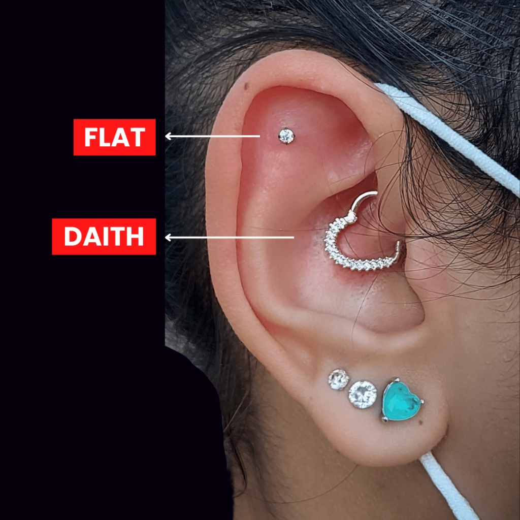 fotos dos tipos de piercings na orelha: daith e flat