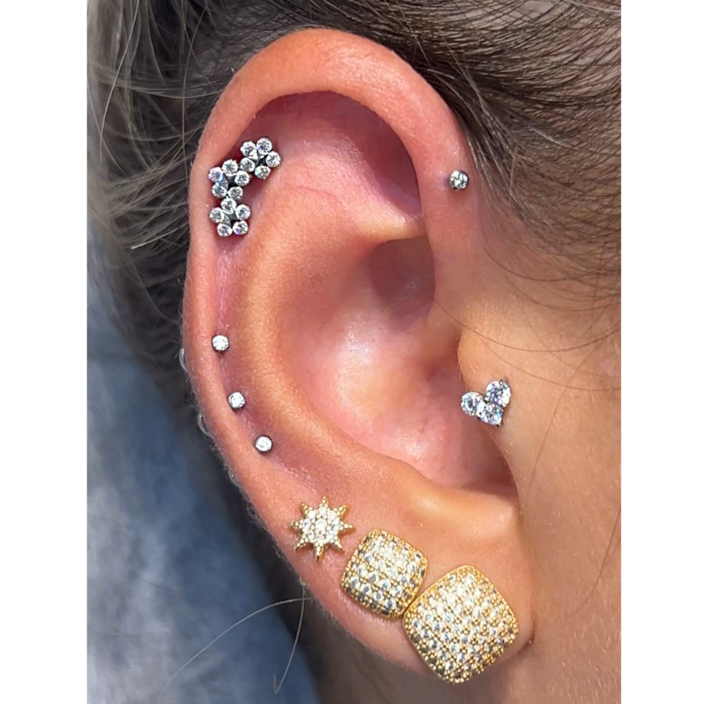 projeto auricular de piercing na orelha com piercing de flor em titânio, piercings australianos (3 pontos de luz), piercing na anti-helix, no tragus e brincos